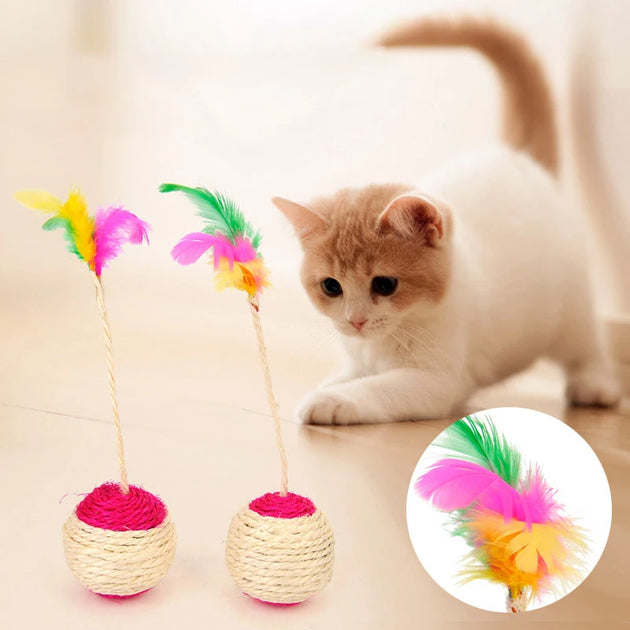 Colorful Feather Cat Toy - Sisal Ball & Interactive Claw Grinding Toy